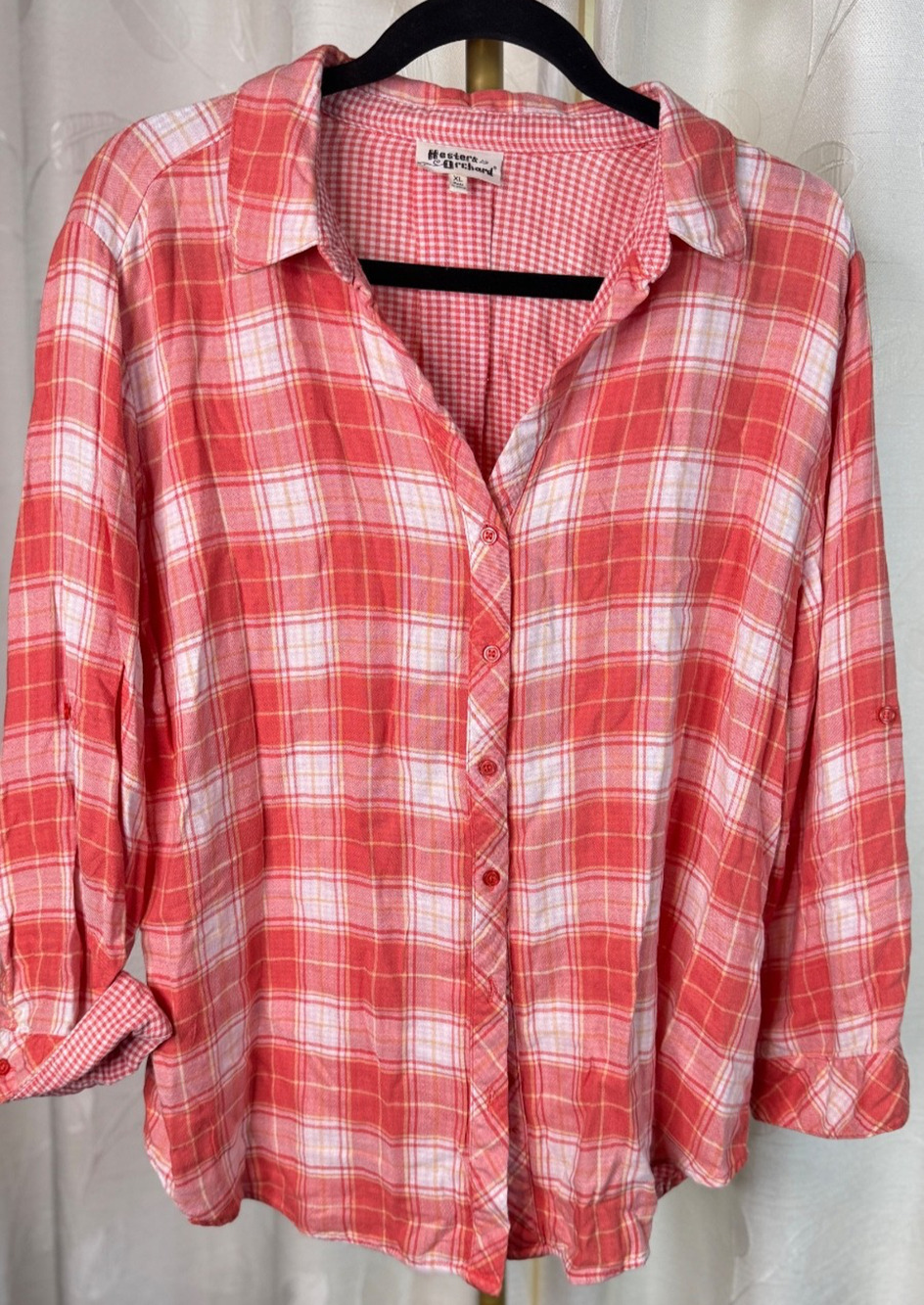 Hester & Orchard Coral Plaid Long Sleeve Shirt, Size XL - Picture 1 of 7